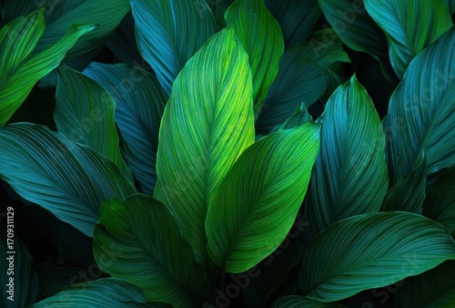 A lush cluster of deep green tropical leaves fills the frame, with one leaf catching the light and glowing vibrantly green