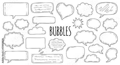 Collection of hand-drawn speech and thought bubbles for creative communication and design projects