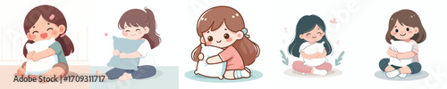 vector little girl sitting on the floor hugging a pillow