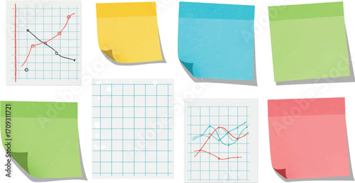 Colorful sticky notes with graphs and lines on transparent background