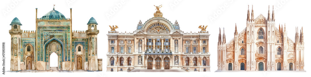 Fototapeta premium PNG Iconic architectural landmarks illustration, element set on transparent background