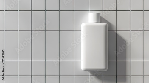 A minimalist image shows a blank, white, rectangular bottle with a flip-top cap against a backdrop of a seamless white square tile wall; a subtle shadow is cast by the bottle