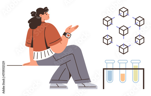 Woman gesturing towards floating 3D molecular network and test tubes with colorful liquids. Ideal for science, research, education, technology, innovation, laboratory, communication. Simple flat