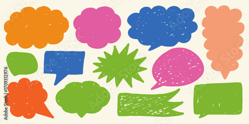 Collection of colorful hand drawn speech bubbles and thought clouds in various shapes and sizes