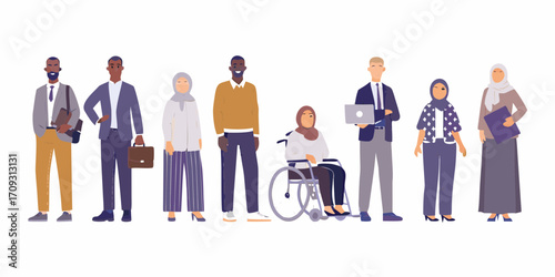 Diverse group of professionals including people with disabilities and different ethnicities standing together in a line