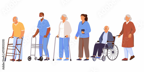 Diverse group of elderly people and a caregiver using mobility aids and a wheelchair