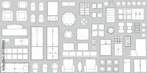Collection of hand drawn furniture and home decor elements in a top down view flat lay style