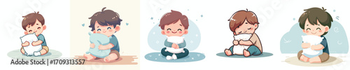 vector little boy sitting on the floor hugging a pillow