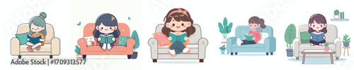 vector little girl relaxing on sofa reading book