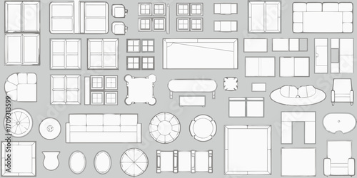 Collection of top down furniture and architectural elements for interior design planning