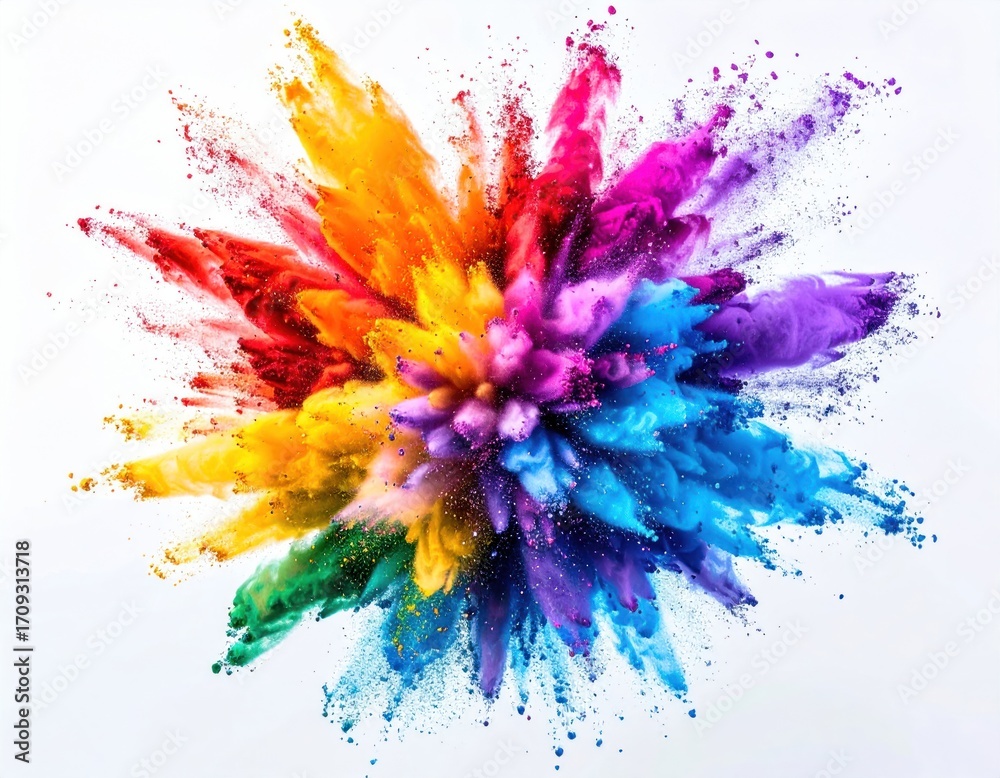 Fototapeta premium Bursting, swirling pigments create a dynamic, multicolored explosion against a bright white backdrop, revealing shades of vibrant artistry