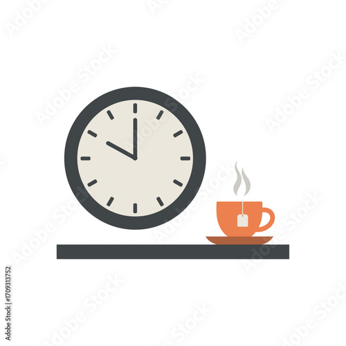 Vector art of a clock showing 9 and a steaming cup of tea on a saucer, representing break time or a moment of relaxation