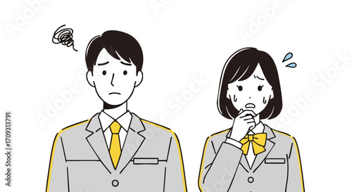 Worried students in school uniforms expressing concern and stress about an important issue