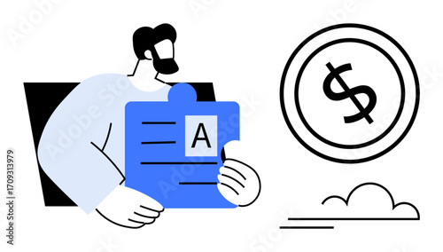 Man holding a puzzle piece with text, a large coin symbolizing finance nearby, and a minimal cloud. Ideal for teamwork, finance, business strategy, problem-solving, collaboration, innovation flat