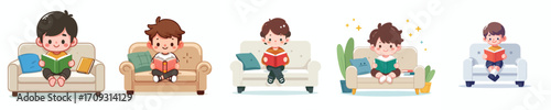 vector little boy relaxing on sofa reading book