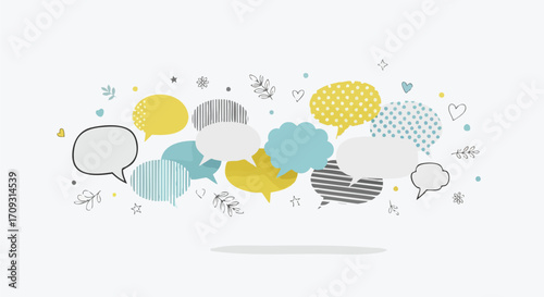 Vibrant communication bubbles convey ideas, connect people, and inspire dialogue in a modern, cheerful design.