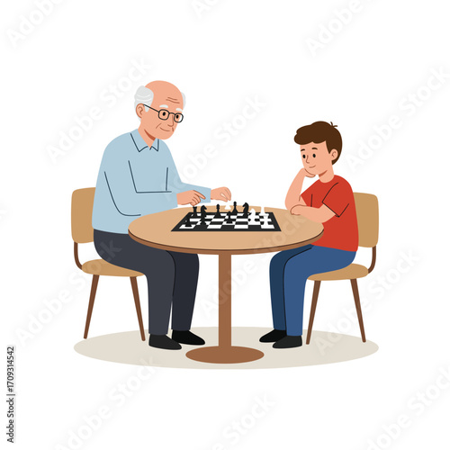 Vector art of an elderly man and a young boy playing chess at a round table