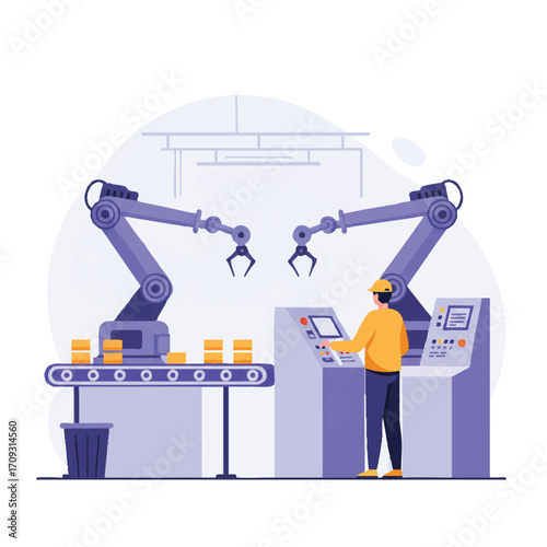 A vibrant 2D vector illustration depicts a modern factory production line with robotic arms efficiently assembling products, overseen by an engineer at a sophisticated control panel.