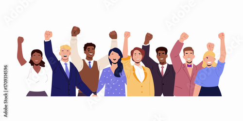 Diverse group of people raising their fists in the air celebrating unity and success