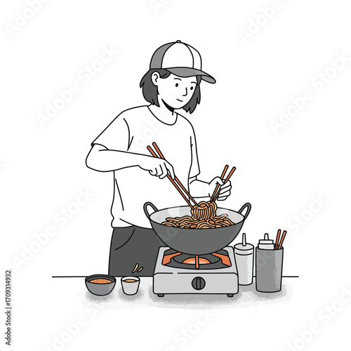Vector art of a person wearing a cap and tshirt, cooking noodles in a wok on a gas stove with chopsticks