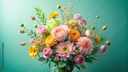 A vibrant and cheerful bouquet of spring flowers, featuring delicate blossoms in shades of pink, yellow, and orange, arranged with lush greenery against a soft teal backdrop.