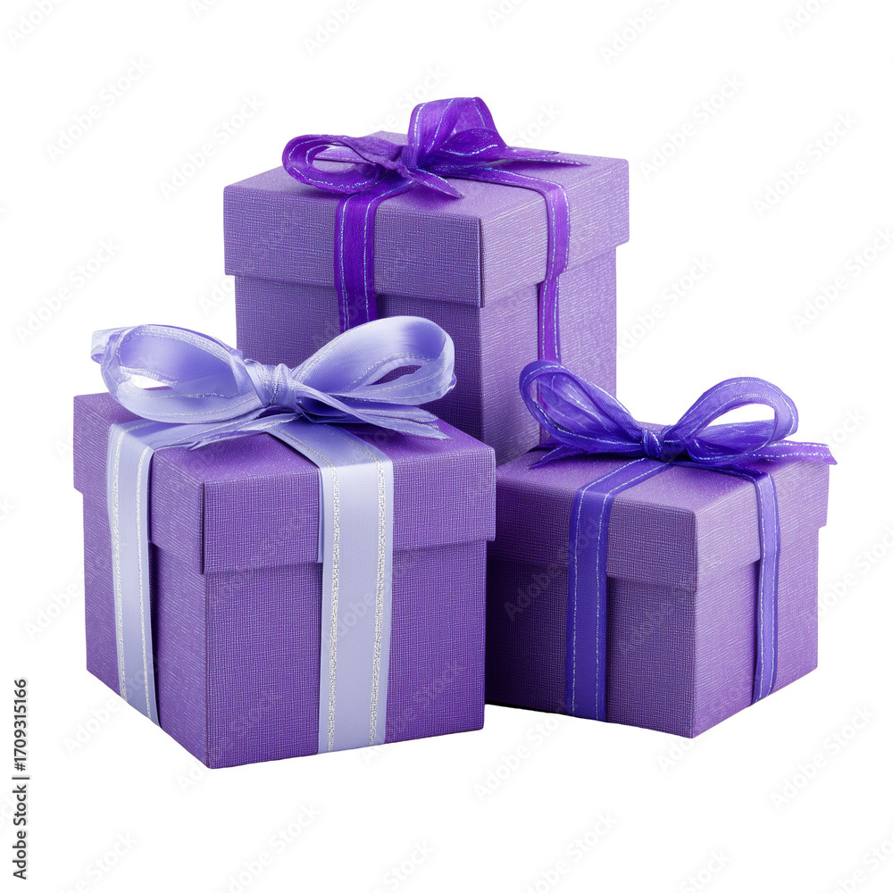 Obraz premium Purple gift boxes with ribbons a festive presentation isolated on transparent White background png
