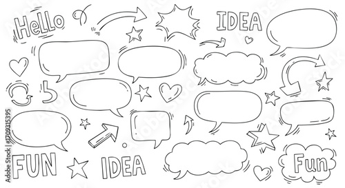 Doodle speech bubbles, stars, arrows, and hearts perfect for creative design and marketing