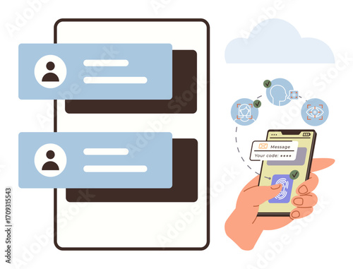 Hand using smartphone for two-factor verification with fingerprint. Chat messages, cloud computing. Ideal for security, privacy, communication, technology, authentication, data safety cloud