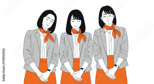 Three professional women in uniform, one wearing a face mask, elegantly presenting themselves with bowed heads