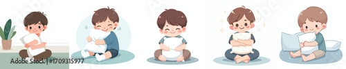 vector little boy sitting on the floor hugging a pillow