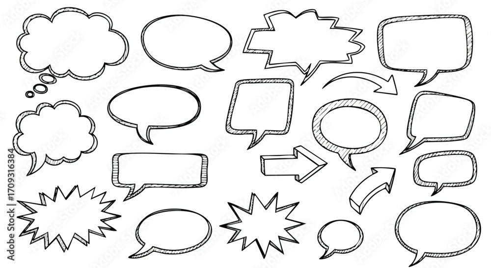 Fototapeta premium Hand drawn speech bubbles and arrows collection offer versatile visual solutions for communication design projects