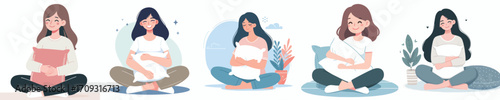 vector woman sitting on the floor hugging a pillow