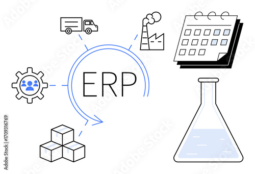 ERP concept with interconnected icons gear for teamwork, truck for logistics, factory for production, calendar for scheduling, cubes for inventory, flask for RD. Ideal for business, manufacturing