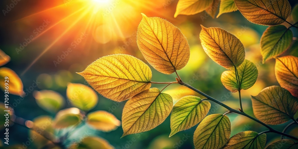 Fototapeta premium Golden Hour Leaves Backlit Branch with Vibrant Autumn Foliage Displaying Intricate Vein Patterns and Subtle Color Variations
