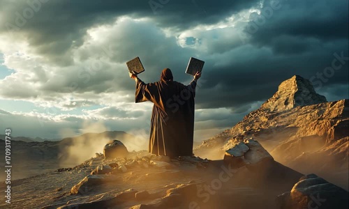 Biblical depiction of Moses on Mount Sinai Holding Two Stone Tablets Containing the Ten Commandments on Mount Sinai, Illuminated by Divine Golden Light