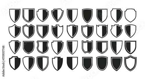 Collection of diverse shield emblems for branding, heraldry, and protection motifs