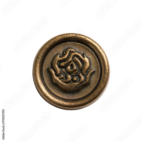 Round brass emblem with intricate, swirling design