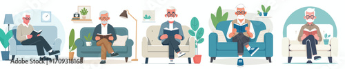vector grandfather relaxing on sofa reading book