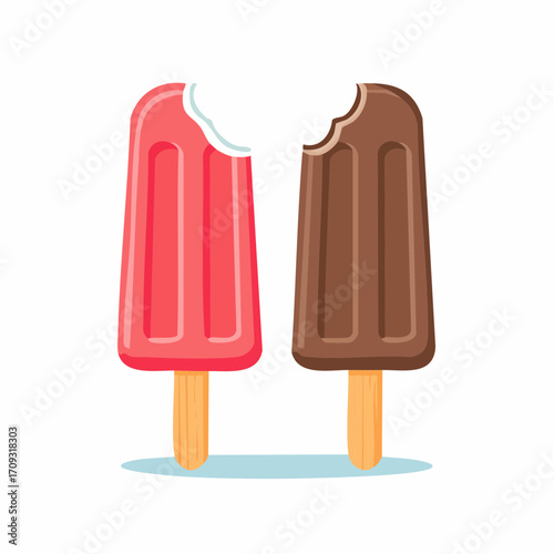 Two colorful ice pops, one red and one brown, with bite marks, on wooden sticks.
