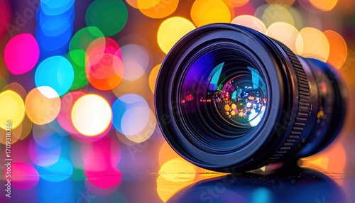 Camera lens gleams with bokeh of varied colors in a striking close-up showcasing reflections and depth