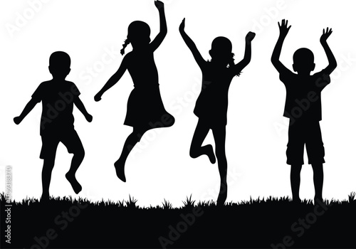 Happy Children Jumping Silhouette Vector Illustration,kids Jumping Silhouette Vector,playing children of silhouette,kid jumping cheerfully on grass, Silhouette,