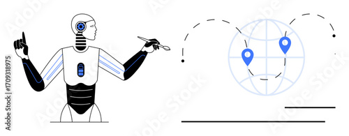 Humanoid robot interacting with virtual globe highlighting locations. Ideal for technology, AI, data science, global connectivity, innovation, robotics, and futuristic concepts. Simple flat metaphor