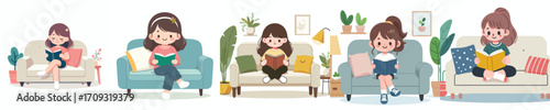 vector little girl relaxing on sofa reading book