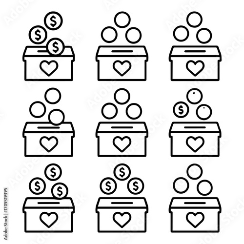 Collection of Charity Boxes with Coins and Circles Representing Donations and Giving.
