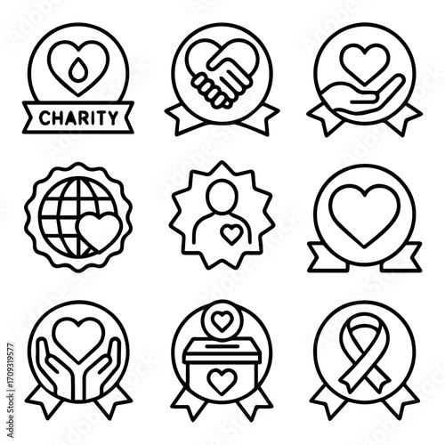 Collection of Charity Icons Depicting Hearts Hands Ribbons and Giving Symbols.