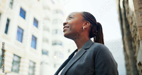 Fotografie Business woman, thinking and realtor with vision in city for corporate settlement or development