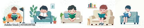 vector little boy relaxing on sofa reading book