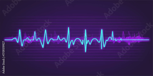 The graphic chart of a blue heartbeat on a monitor shows a healthy pulse wave and cardiogram line