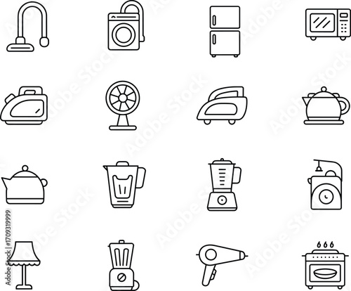 Home appliances icon set, kitchen and household electronics line symbols, blender toaster microwave washer iron fan vacuum cleaner stove