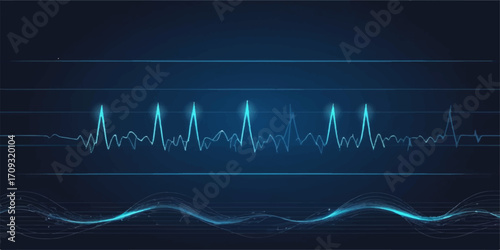 The electrocardiogram on a monitor shows a healthy heartbeat line, a life-saving medical graph of a pulsing wave